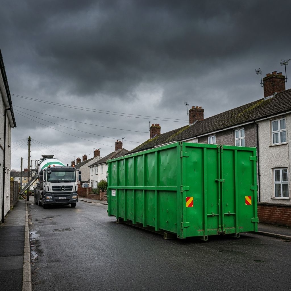 Construction site with skip and concrete mixer